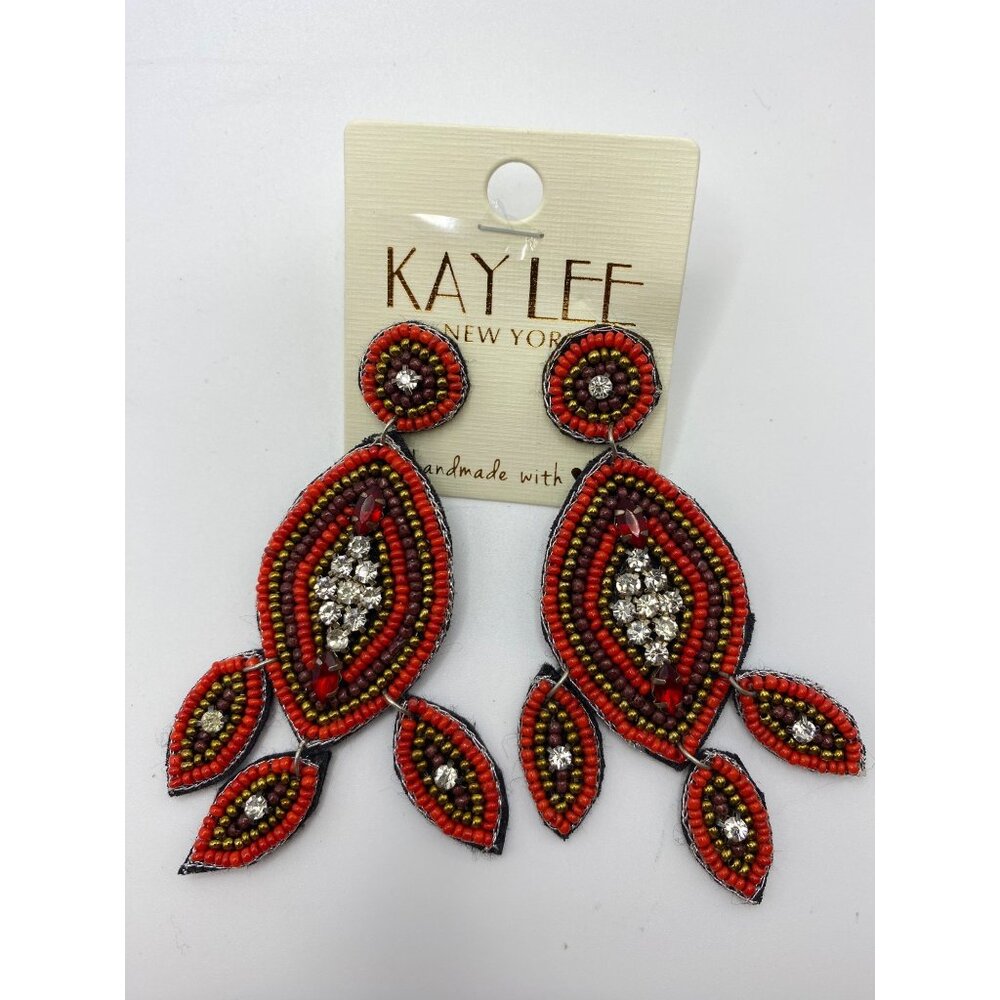Kaylee New York Handmade Beaded Drop Earrings With Rhinestone Detail In Red & Go